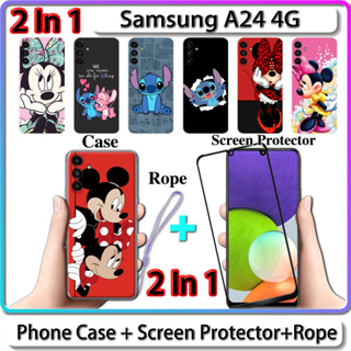 2 IN 1 เคส สําหรับ Samsung A24 4G เคส พร้อมกระจกนิรภัย โค้ง เซรามิก ป้องกันหน้าจอ การออกแบบสติตช์ และมินนี่