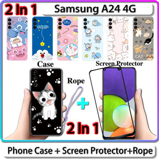 2 IN 1 เคส สําหรับ Samsung A24 4G เคส พร้อมกระจกนิรภัยโค้ง ป้องกันหน้าจอ เซรามิค ลายแมว และโดราเอมอน