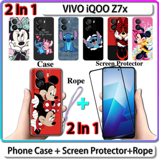 2 IN 1 เคส สําหรับ VIVO iQOO Z7x เคส พร้อมกระจกนิรภัย โค้ง เซรามิก ป้องกันหน้าจอ การออกแบบสติช และมินนี่