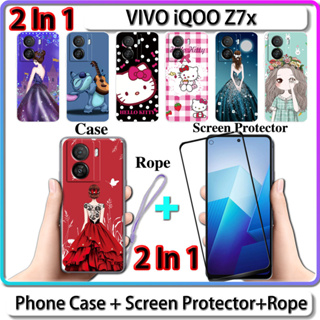 2 IN 1 เคส สําหรับ VIVO iQOO Z7x เคส พร้อมกระจกนิรภัย โค้ง เซรามิค ป้องกันหน้าจอ สําหรับเด็กผู้หญิง และคิตตี้