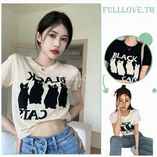 Fulllove เสื้อยืดครอป เสื้อยืดแขนสั้น พิมพ์ลายแมวน่ารัก ผ้ายืด สําหรับผู้หญิง y2k