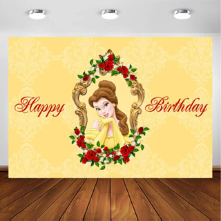 Belle Princess Happy Birthday ฉากหลังถ่ายภาพ สีเหลือง ดอกไม้นางฟ้า กรอบหัว ภาพสาว ฝันดี้ ปาร์ตี้ ถ่ายภาพ พื้นหลัง สตูดิโอถ่ายภาพ บูธแบนเนอร์