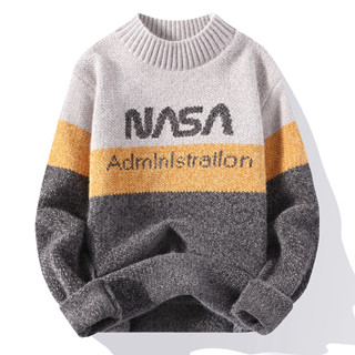 เสื้อกันหนาวแขนยาวลําลอง คอกลม ผ้าถัก ลาย NASA สําหรับผู้ชาย