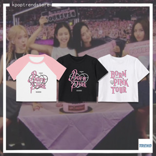 เสื้อครอปท็อปลําลอง ผ้าฝ้าย พิมพ์ลาย KPOP BLACKPINK BORN PINK World Tour 2023 Encore Concert LISA ROSE JENNIE JISOO แฟชั่นฤดูร้อน สไตล์เกาหลี สําหรับนักเรียนหญิง