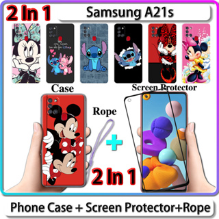 2 IN 1 เคส สําหรับ Samsung A21s เคส พร้อมกระจกนิรภัยโค้ง ป้องกันหน้าจอ เซรามิค การออกแบบสติตช์ และมินนี่