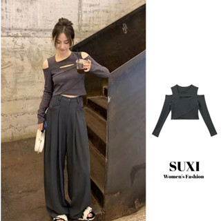 Suxi เสื้อยืดแขนยาว เปิดไหล่ สีพื้น เข้ากับทุกการแต่งกาย แฟชั่นฤดูใบไม้ผลิ สําหรับผู้หญิง