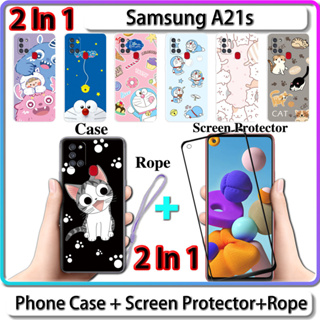 2 IN 1 เคส สําหรับ Samsung A21s เคส พร้อมกระจกนิรภัยโค้ง ป้องกันหน้าจอ เซรามิค ลายแมว และโดราเอมอน