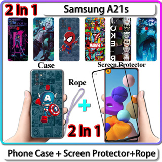 2 IN 1 เคส สําหรับ Samsung A21s เคส พร้อมกระจกนิรภัยโค้ง ป้องกันหน้าจอเซรามิค LOL และการออกแบบฮีโร่