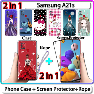 2 IN 1 เคส สําหรับ Samsung A21s เคส พร้อมกระจกนิรภัยโค้ง ป้องกันหน้าจอเซรามิค สําหรับเด็กผู้หญิง และคิตตี้