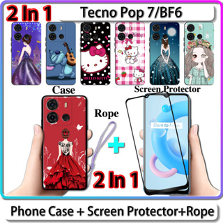 เคส 2 IN 1 สําหรับ Tecno Pop 7 BF6 เคส พร้อมกระจกนิรภัยโค้ง ป้องกันหน้าจอเซรามิค สําหรับเด็กผู้หญิง และคิตตี้