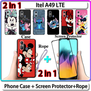 2 IN 1 เคส สําหรับ Itel A49 LTE เคส พร้อมกระจกนิรภัยโค้ง ป้องกันหน้าจอเซรามิค การออกแบบสติช และมินนี่