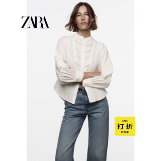 Zara เสื้อผ้าผู้หญิง RA สไตล์ใหม่ ฝรั่งเศส ลูกไม้ เย็บแนวตั้ง ลูกไม้ ตกแต่งบ้าน ผ้าไหม ยืนขึ้น ปกเสื้อ เอวสูง แฟชั่น ลูกไม้ คอปก กระดุมแถวเดียว แขนยาว ตัวสั้น