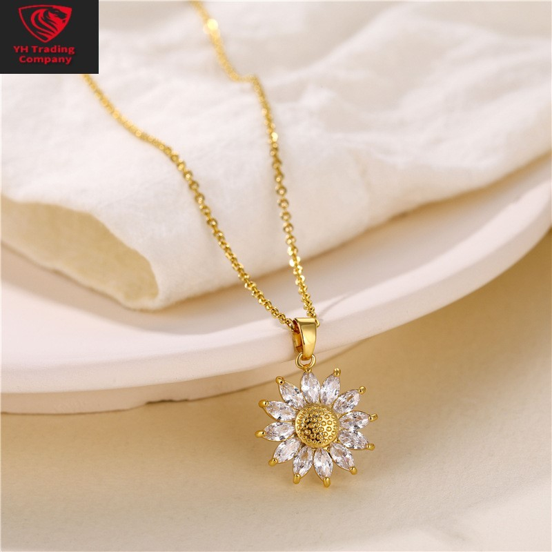 Y.H จี้ดอกทานตะวัน 18K สีทอง สําหรับผู้หญิง สร้อยคอ สเตนเลส