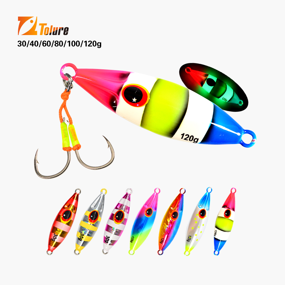 TL ช้า Jigging Lures 20g 30g 40g 60g 80g 100g 120g 1PC น้ําเค็ม Luminous Casting โลหะ Jig Lures เหยื่อประดิษฐ์พร้อมตะขอ