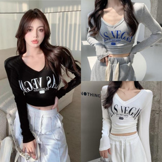 2023 เสื้อยืดแขนยาว หญิง คอวี เซ็กซี่ ขาว เทา ดำ
