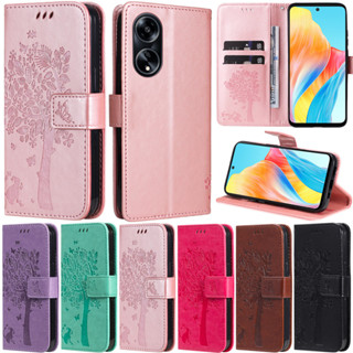 เคสโทรศัพท์หนัง PU นิ่ม ฝาพับ ลายต้นไม้ แมว พร้อมช่องใส่บัตร หรูหรา สําหรับ Oppo A98 5G A1 F23 5G Reno9 Pro Realme C53 4G Realme C55 4G Realme GT Neo 5 5G