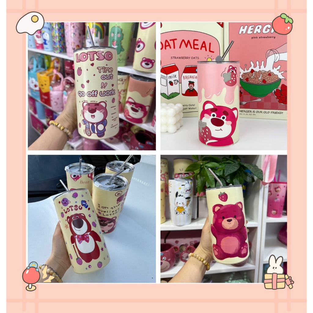  Cutie Daily lotso 600ml แก้วน้ำสแตนเลส ลายการ์ตูนหมี สตรอเบอร์รี่ ขนาด พร้อมหลอดดูด สําหรับเก็บความเย็น