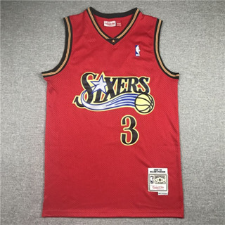 เสื้อกีฬาแขนสั้น ลายทีม Allen Iverson สีแดง สไตล์วินเทจ