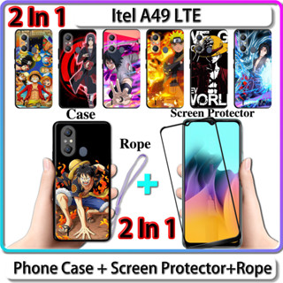 2 IN 1 เคส สําหรับ Itel A49 LTE เคส พร้อมกระจกนิรภัยโค้ง ป้องกันหน้าจอเซรามิค นารูโตะ และการออกแบบ One Piece