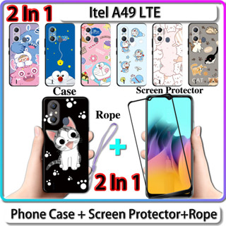 2 IN 1 เคส สําหรับ Itel A49 LTE เคส พร้อมกระจกนิรภัยโค้ง ป้องกันหน้าจอ เซรามิค ลายแมว และโดราเอมอน