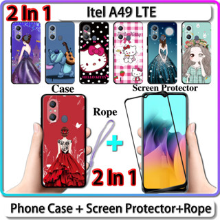 2 IN 1 เคส สําหรับ Itel A49 LTE เคส พร้อมกระจกนิรภัยโค้ง ป้องกันหน้าจอเซรามิค สําหรับเด็กผู้หญิง และคิตตี้