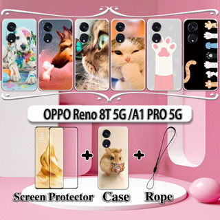 2 IN 1 เคสโทรศัพท์มือถือ เซรามิค กันรอยหน้าจอ ทรงโค้ง ลายแมว และสุนัข สําหรับ OPPO Reno 8T 5G A1 PRO 5G