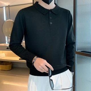 เสื้อโปโลกันหนาว แขนยาว คอปก ทรงหลวม สีพื้น สไตล์เกาหลี สําหรับผู้ชาย