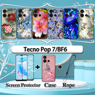 เคส 2 IN 1 สําหรับ Tecno Pop 7 BF6 พร้อมกระจกนิรภัยโค้ง เซรามิค ป้องกันหน้าจอ ดอกไม้