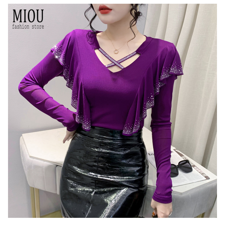 Miou ใหม่ เสื้อยืดคอกลม แขนยาว ผ้าตาข่าย ประดับเพชร แต่งรูกลวง แฟชั่นฤดูใบไม้ร่วง และฤดูหนาว 2023