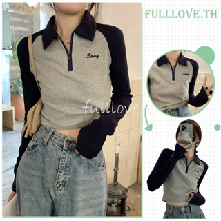 Fulllove เสื้อครอปไหมพรม Polo แขนยาว น่ารักสีพื้นกำลังมา Y2k