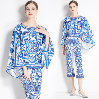 เสื้อเบลาส์ ทรงหลวม + กางเกงขายาว สีฟ้า แฟชั่นสําหรับผู้หญิง