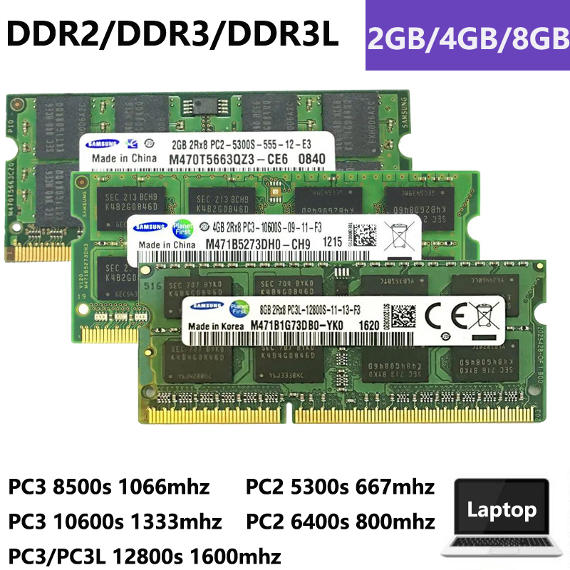 แล ็ ปท ็ อป RAM DDR2 DDR3/DDR3L 8GB 4GB 2GB PC2-5300S PC2-6400S PC3-8500S PC3-10600S PC3/PC3L-12800S 667MHz 800MHz 1066Mhz 1333MHz 1600MHz สําหรับ samsung SODIMM หน ่ วยความจํา