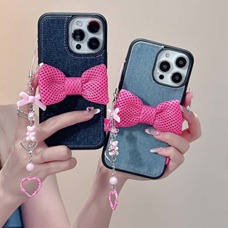 เคสโทรศัพท์มือถือแบบนิ่ม กันกระแทก ลายบาร์บี้โบว์ 3D สีชมพู พร้อมสายโซ่คล้อง เรียบง่าย สําหรับ iPhone 12PROMAX 13PROMAX 14 14PROMAX 11 14PROMAX