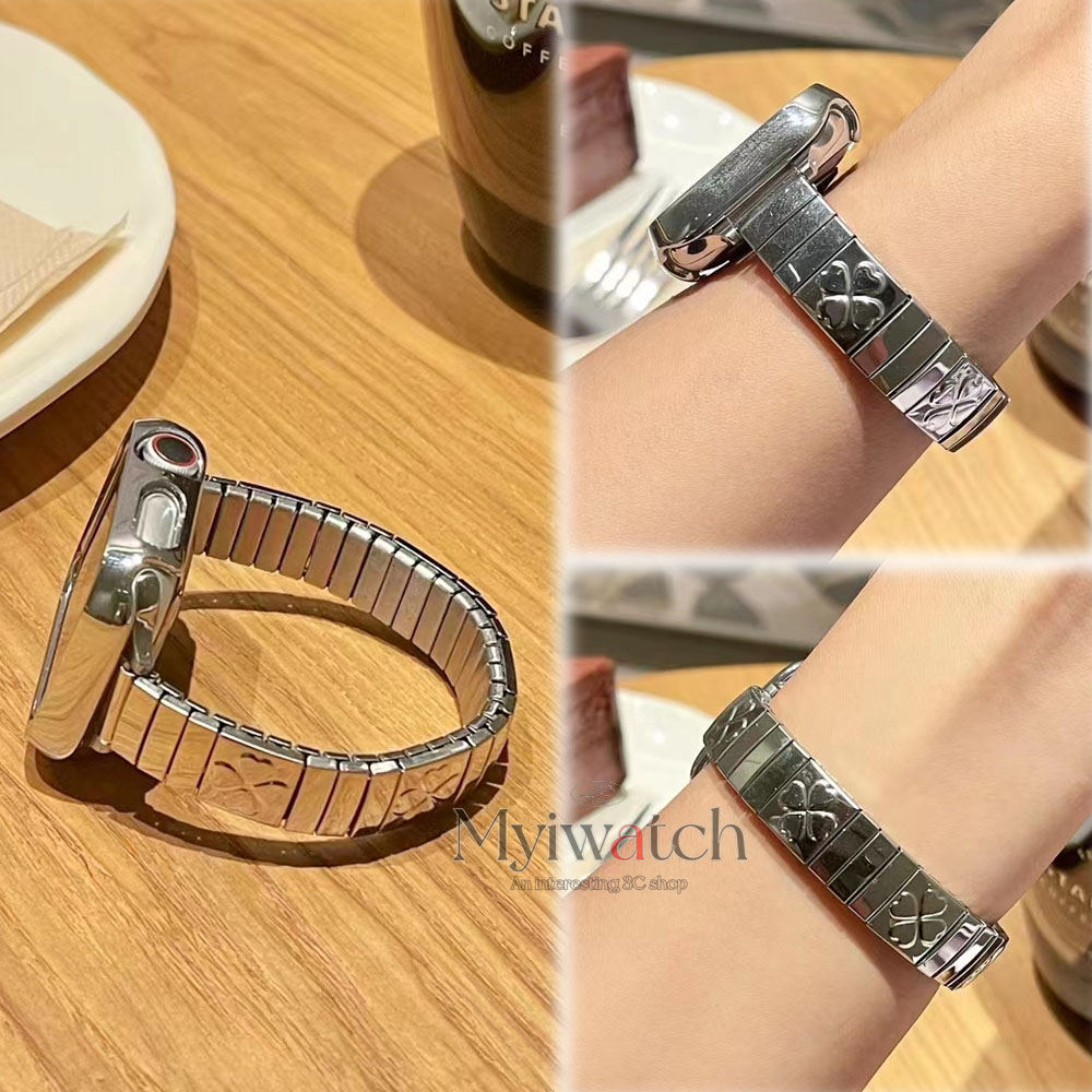 สายรัดโลหะสแตนเลสยืดหยุ่นบางพิเศษ สําหรับ ฉันดู ชุด 10 9 8 7 6 5 กับ 4 3 2 1สี่ใบหญ้าหัวใจออกแบบสายรัดข้อมือสําหรับ ฉันดู 49 มม.46 มม.45 มม.44 มม.41 มม.40 มม.38 มม.42 มม.