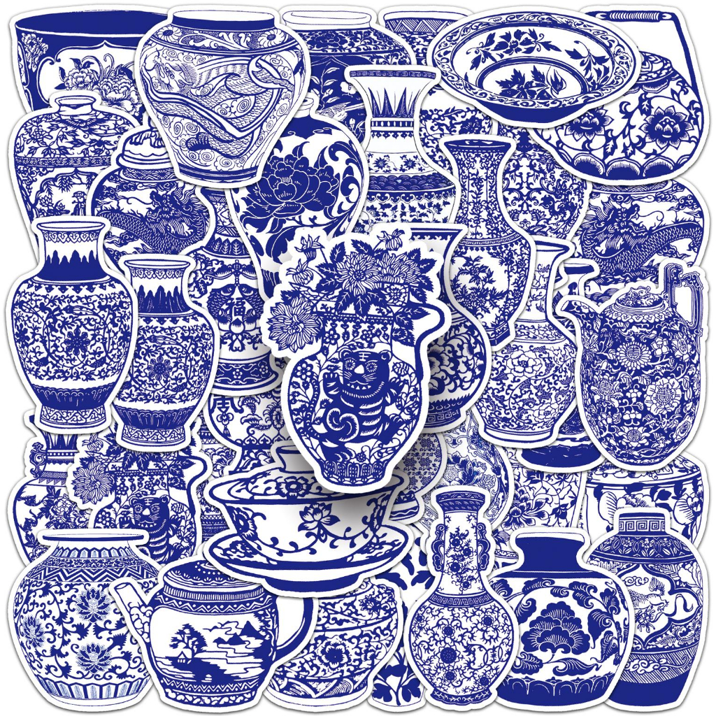 50 ชิ้นสีฟ้าสีขาวพอร์ซเลนแจกันสติกเกอร์ Home Decal สําหรับแล็ปท็อป/โทรศัพท์/กระเป๋าเดินทาง/รถ DIY Creative Graffiti สติกเกอร์กันน้ํา
