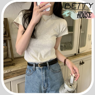 Betty House🎀เสื้อยืดหลวม🍒เสื้อยืดแขนสั้นผู้หญิงสีเทาดำสไตล์เกาหลีสไตล์กระชับสัดส่วน