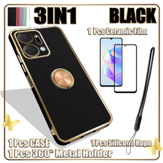 3 IN 1 เคสเคลือบไฟฟ้า พร้อมฟิล์มเซรามิค และ 360 สําหรับ Honor X7a°ขาตั้งแหวนโลหะมือถือ และสายคล้องซิลิโคน