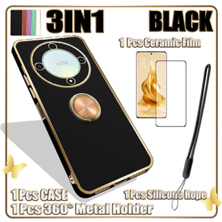 3 IN 1 เคสเคลือบไฟฟ้า พร้อมฟิล์มเซรามิค และ 360 สําหรับ Honor X9A°ขาตั้งแหวนโลหะมือถือ และสายคล้องซิลิโคน