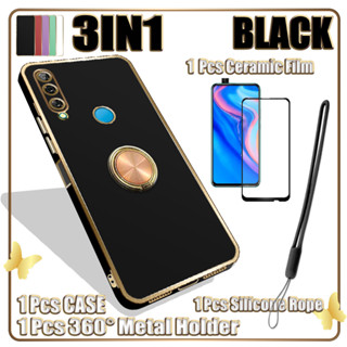 3 IN 1 เคสชุบไฟฟ้า พร้อมฟิล์มเซรามิค และ 360 สําหรับ Huawei Y9 Prime 2019 Honor X9°ขาตั้งแหวนโลหะมือถือ และสายคล้องซิลิโคน