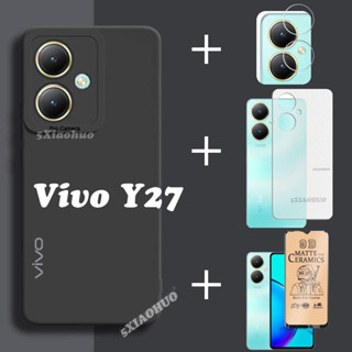 4in1 Vivo Y27 เคสโทรศัพท์ Vivo Y27 Y36 Y02S Y16 เคสโทรศัพท์ ซิลิโคนนิ่ม + ฟิล์มกระจกนิรภัย + ฟิล์มเลนส์ + ฝาครอบด้านหลัง