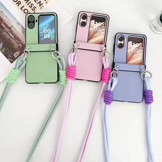 เคสโทรศัพท์มือถือหนัง แบบฝาพับ พร้อมช่องใส่บัตร และสายคล้อง สําหรับ Samsung Z Flip5 zlip4 zflip3 OPPO Findn2flip Morandi P50