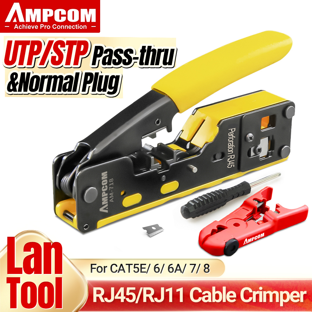 AMPCOM เครื่องอัดปลั๊ก RJ45 RJ11 Pass Through สำหรับ CAT7/6A CAT6/5 ปลั๊กเชื่อมต่อ Ethernet พร้อมที่ตัดเส้นและสายสำรอง