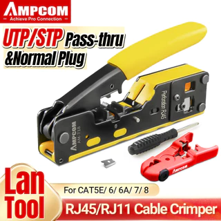 AMPCOM เครื่องอัดปลั๊ก RJ45 RJ11 Pass Through สําหรับ CAT7/6A CAT6/5 ปลั๊กเชื่อมต่อ Ethernet พร้อมที่ตัดเส้นและสายสํารอง