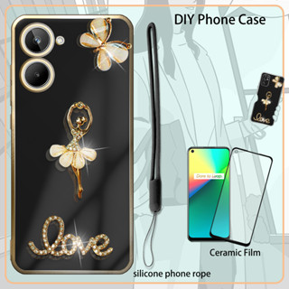 เคสเคลือบไฟฟ้า ประดับพลอยเทียม พร้อมฟิล์มเซรามิค และสายคล้อง สําหรับ Realme 10