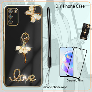 เคสเคลือบไฟฟ้า พร้อมฟิล์มเซรามิค และสายคล้อง ประดับพลอยเทียม สําหรับ Xiaomi Poco M3