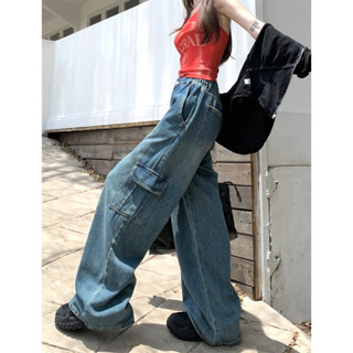 Loose, slim and elastic waist pocket design, wide leg jeans, work pants