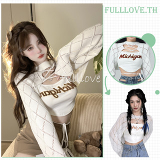 Fullloveเสื้อครอปท็อป ผ้าถัก ซีทรู ผ้าตาข่าย ทรงหลวม เซ็กซี่ สําหรับผู้หญิง y2k crop top