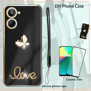 เคส 3D สําหรับ Realme 10 เคสเคลือบไฟฟ้า พร้อมฟิล์มกันรอยหน้าจอ และสายคล้องซิลิโคน และพลอยเทียม วิบวับ