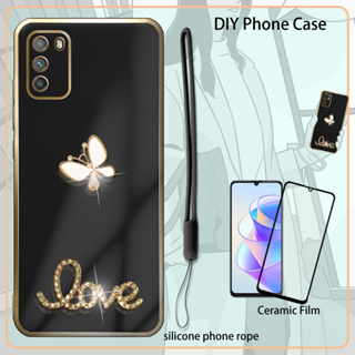 เคส 3D สําหรับ Xiaomi Poco M3 เคสเคลือบไฟฟ้า พร้อมฟิล์มกันรอยหน้าจอ และสายคล้องซิลิโคน และพลอยเทียมวิบวับ