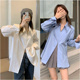 พร้อมส่ง🔥 เสื้อเชิ้ตมีซิปบน-ล่าง แขนยาว คอปก โอเวอร์ไซส์ เชิ้ตผู้หญิง สไตล์เกาหลี เสื้อมินิมอล